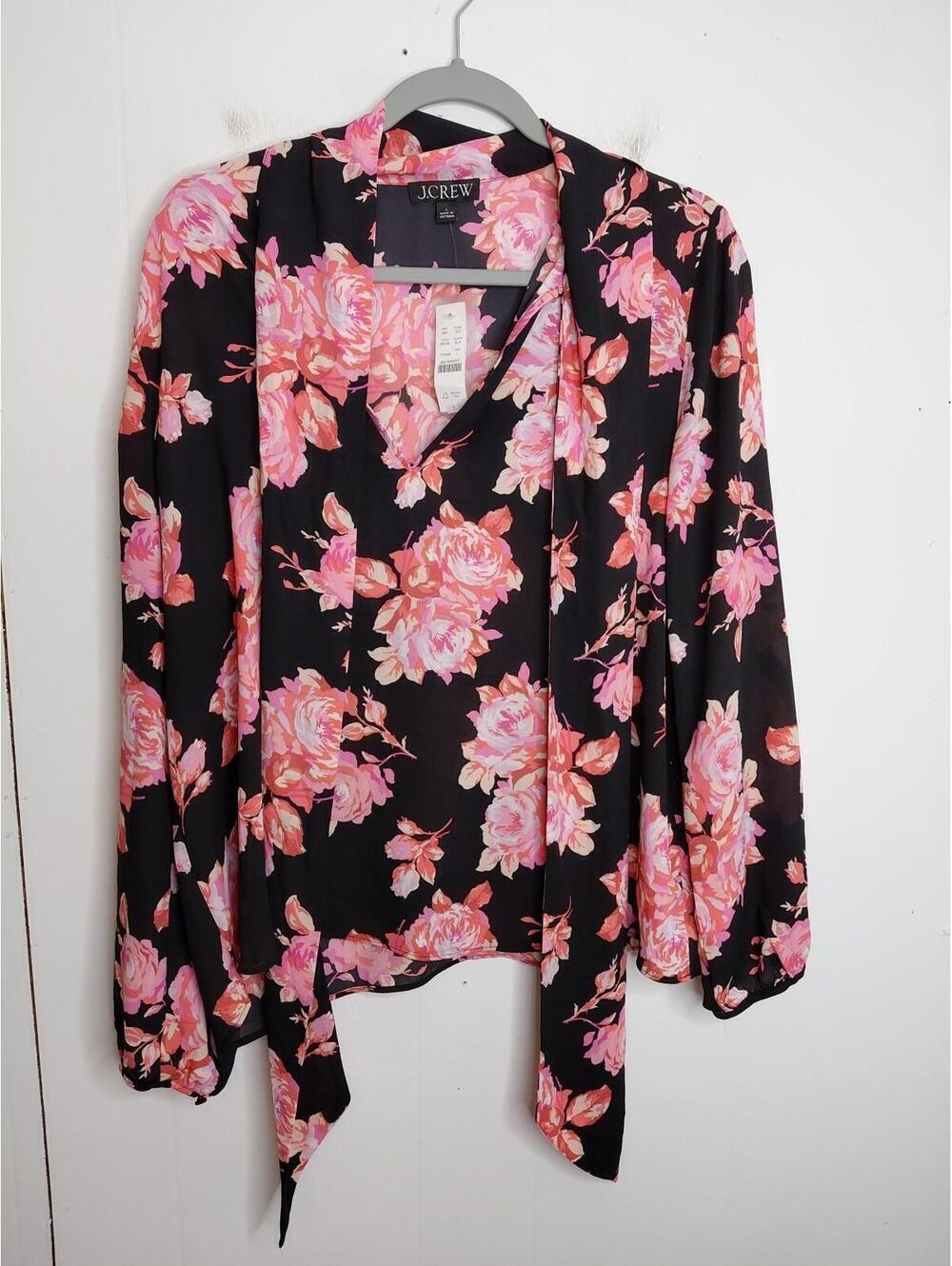 J Crew Top Womens Large Tie Neck Long Sleeve Midnight Rose V Neck Relaxed New